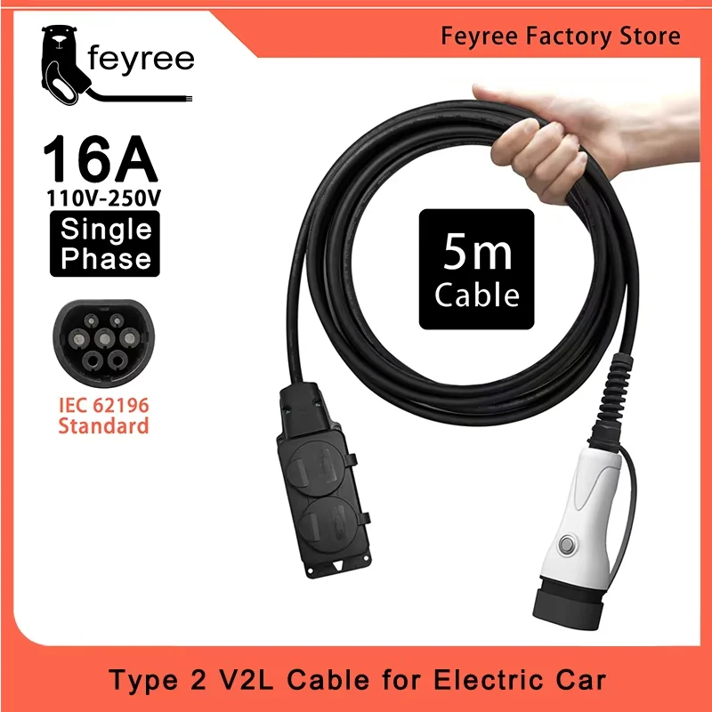 

feyree V2L Cable Electric Car Side Discharge Plug EV Type2 16A Charger Cable with EU Socket Outdoor Power Supply Station