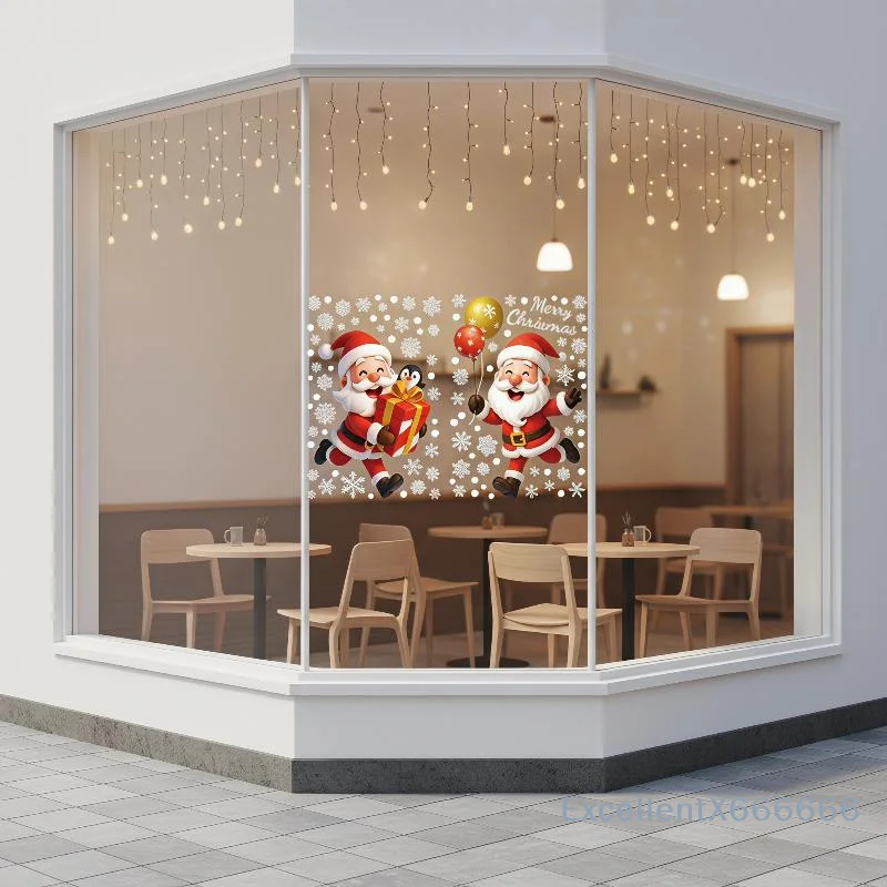 Christmas Static Window Stickers Santa Reindeer Snowman Snowflake Xmas Glass Decals Removable Christmas Home Window Decor Cling
