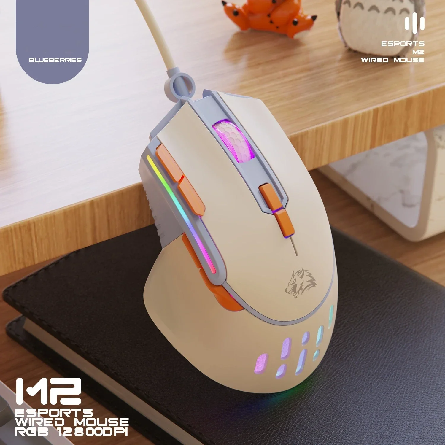 Ratón para juegos Wolf M2 gratis con cable RGB luminoso ligero ergonómico portátil e-sports Macro definición ratón personalizado 12800dpi