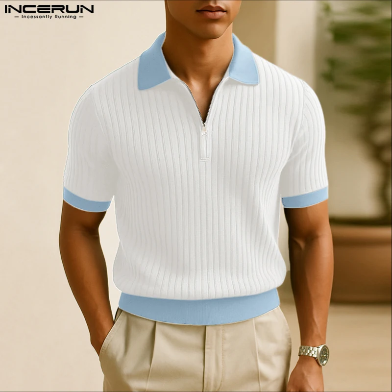 

INCERUN Men Shirt Patchwork Lapel Zipper Short Sleeve Summer Male Tops Streetwear Shirts 2025 Fashion Casual Men Clothing S-5XL