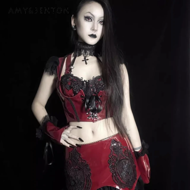 

European American Gothic Dark Lace-Up Waist Red Women's Sling Original Design Sweet Cool Lace Splicing Mini Skirt Set Ladies
