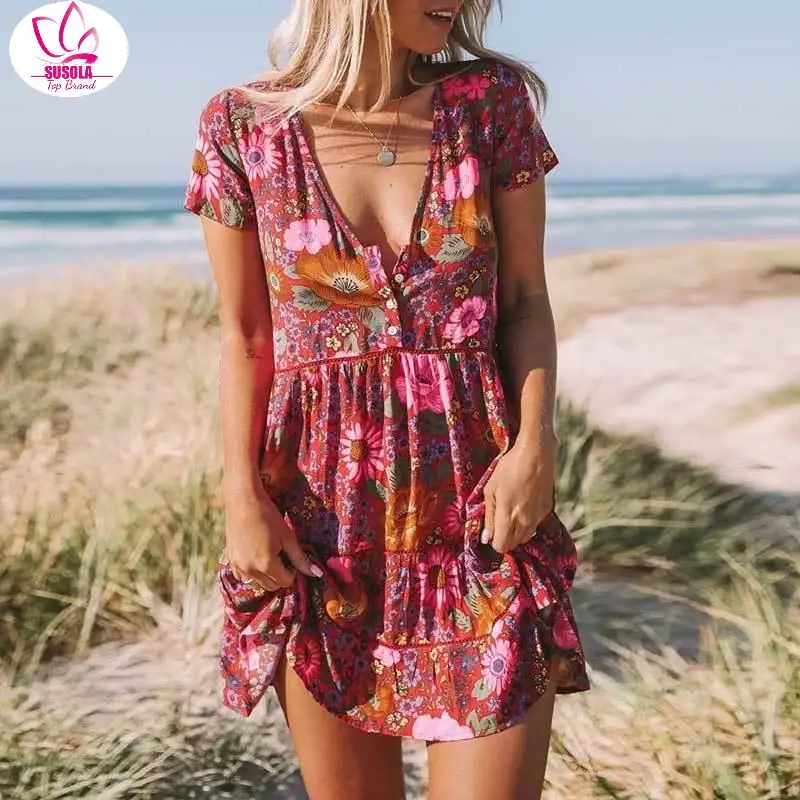 Boho Dress Daisy Red Foral Print Summer Dress V-neck Button Front Sleeve Rayon Mini Women Dress Bohemian Chic Vestidos Lady NEW