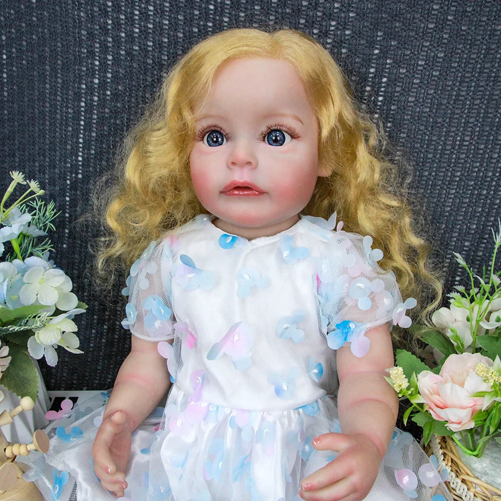 Muñeca Reborn Girl de vinilo de 22" - Pelo rubio rizado, ojos azules, vestido de princesa blanco, poseable con chupete/botella/crema de nacimiento, regalo