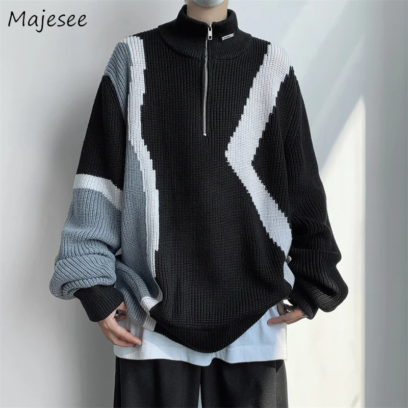 

Pullovers Men Korean High Street Newly Trendy Mock Neck Knitted Sweaters Zipper Simple All-match Loose Chic Casual Ins Patchwork