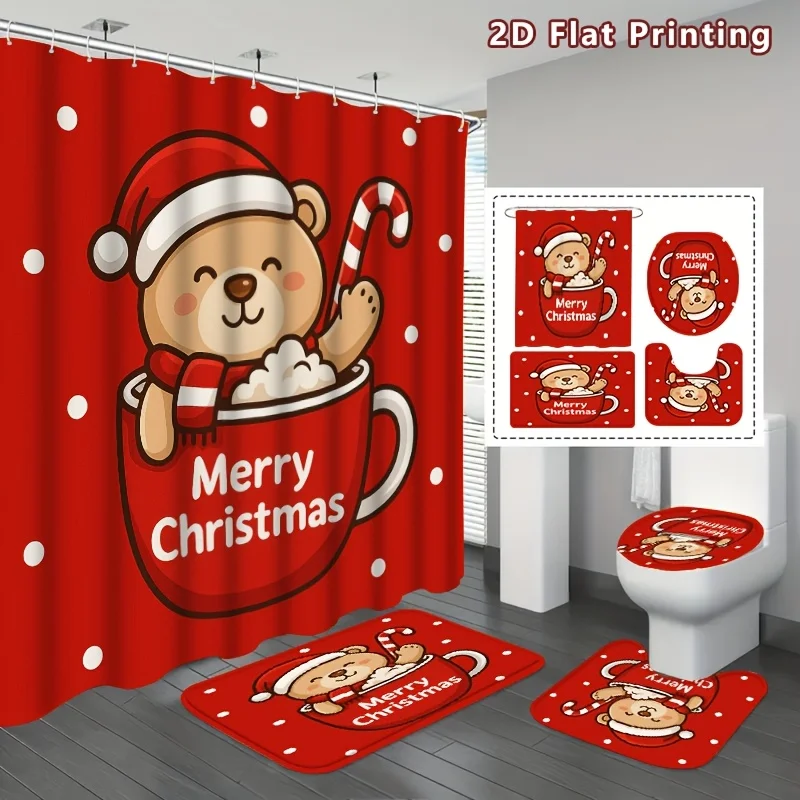 4pc 2D Flat Christmas Bear Shower Curtain Set, Red Christmas Bathroom Decor, U Mat & Toilet Cover, Home Festive Decor