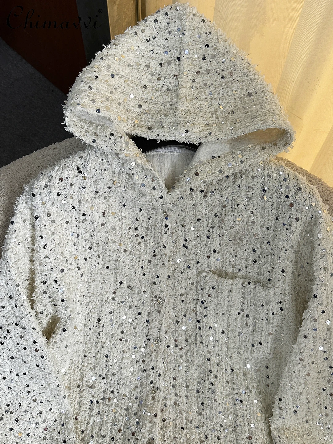 2025 가을 의류 신상 헤비 스팽글 디자인 긴 소매 후드 셔츠 여성용 루즈핏 캐주얼 스트리트웨어 중간 길이 탑