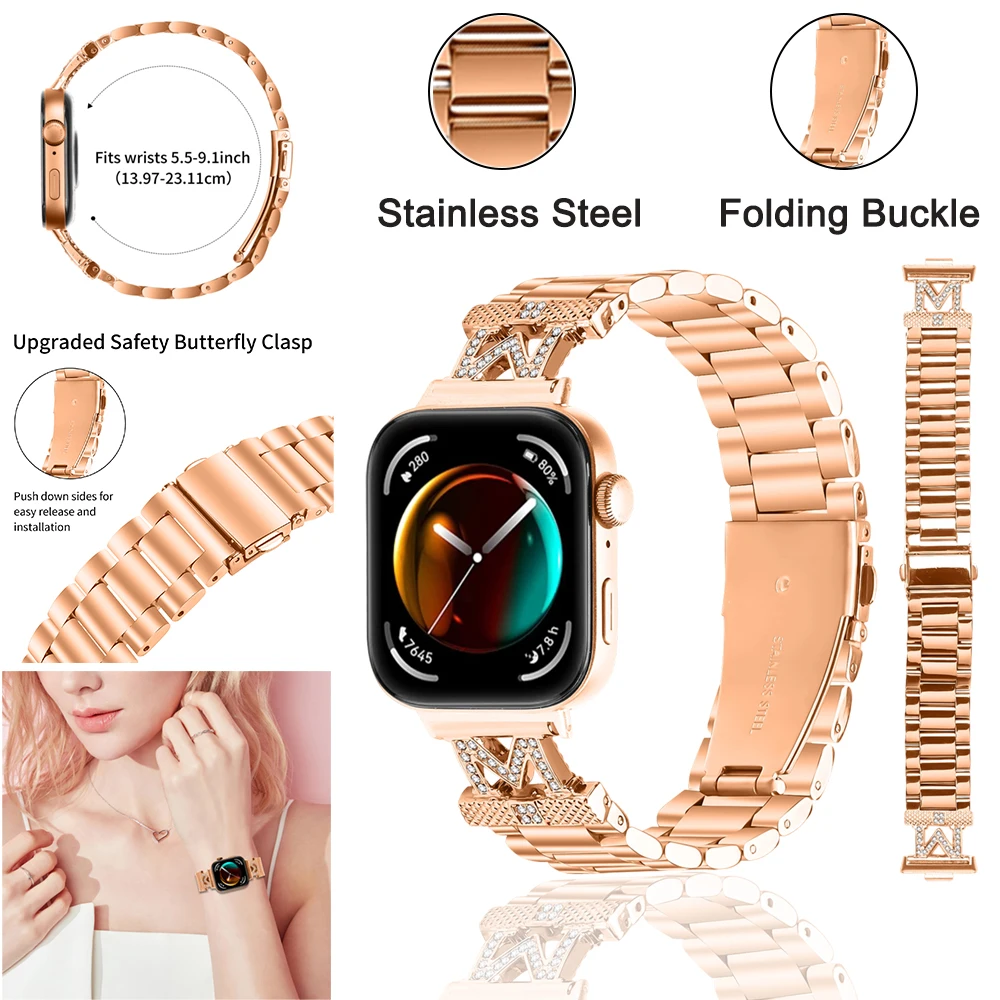 Watchband Compatible with Huawei Watch Fit 3 Diamond Leeter "M" Bracelet for Huawei Fit 3 Stainless Steel Bracelet