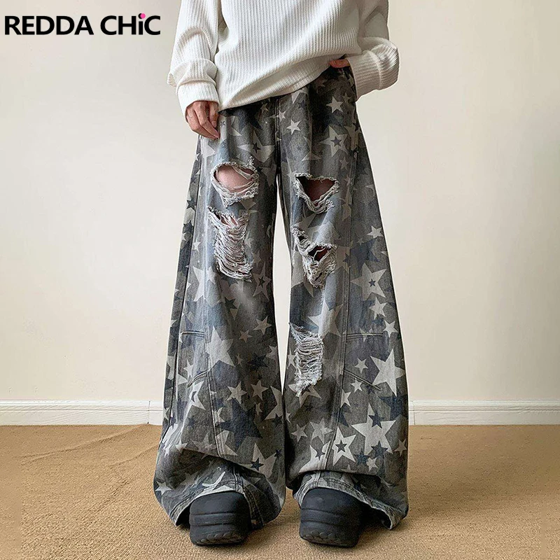 REDDACHIC Camo Star Print Ripped Hole Baggy Jeans Men Big Size Do Old Wash Denim Low Waist Wide Leg Pants Vintage Y2k Streetwear