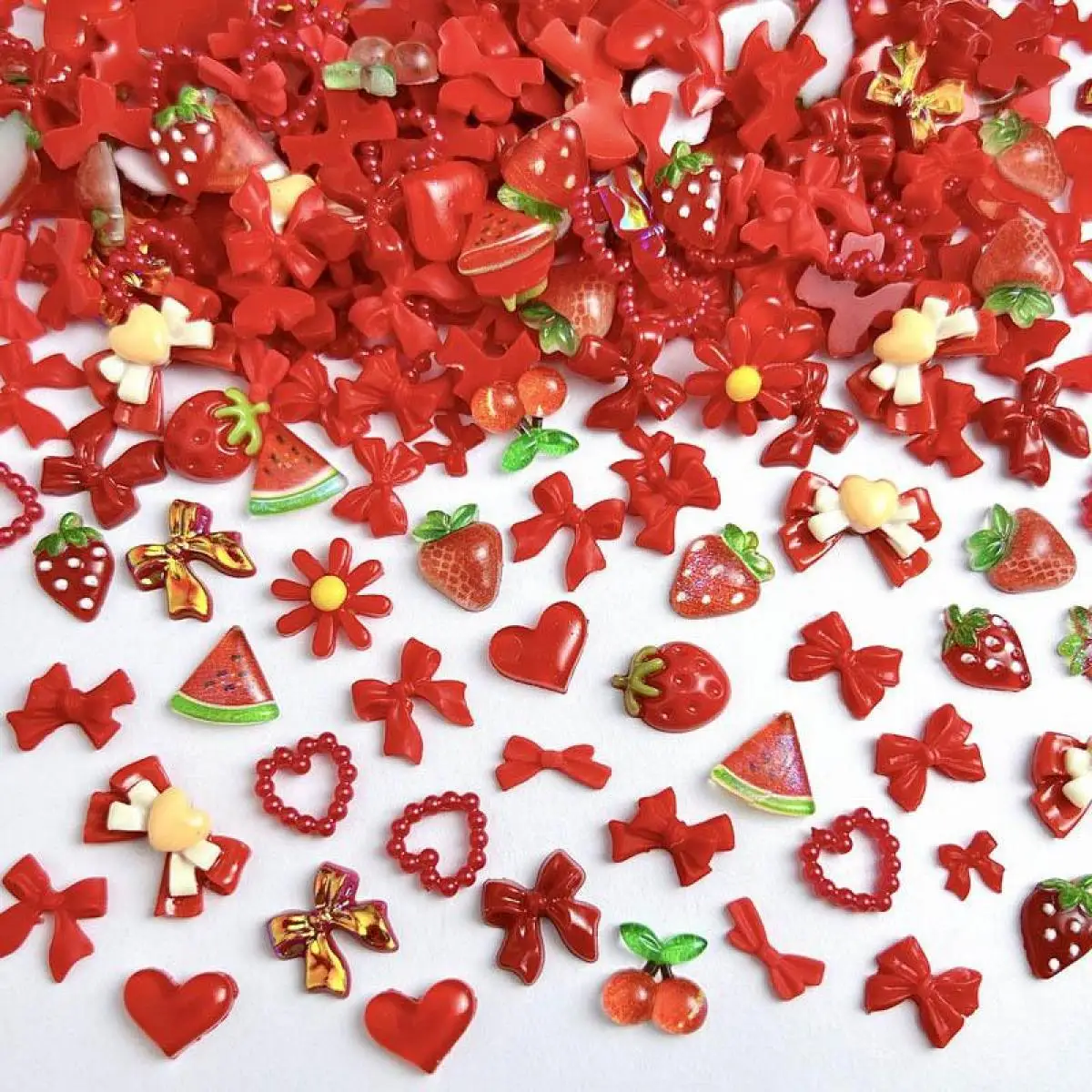 100PCS Mixed 3D Resin Red Series Nail Charms Kawaii Strawberry Bow Flower Watermelon Cherry Nail Art Decoration Accessories