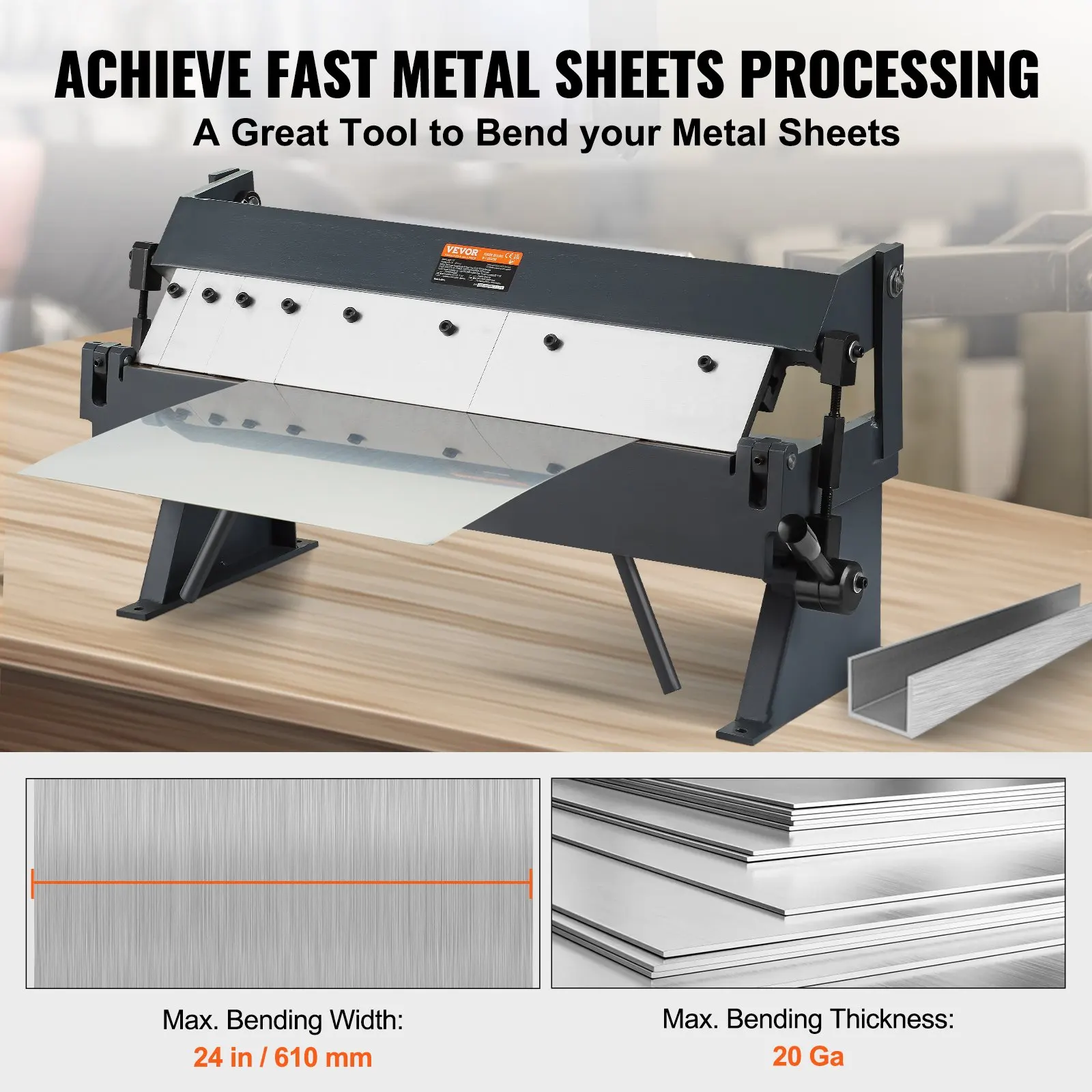 Box And Pan Brake, 24-Inch, 0-130 Degrees Sheet Metal Bending Brake, Portable Metal Bender With 20 Gauge Low Carbon Steel 14