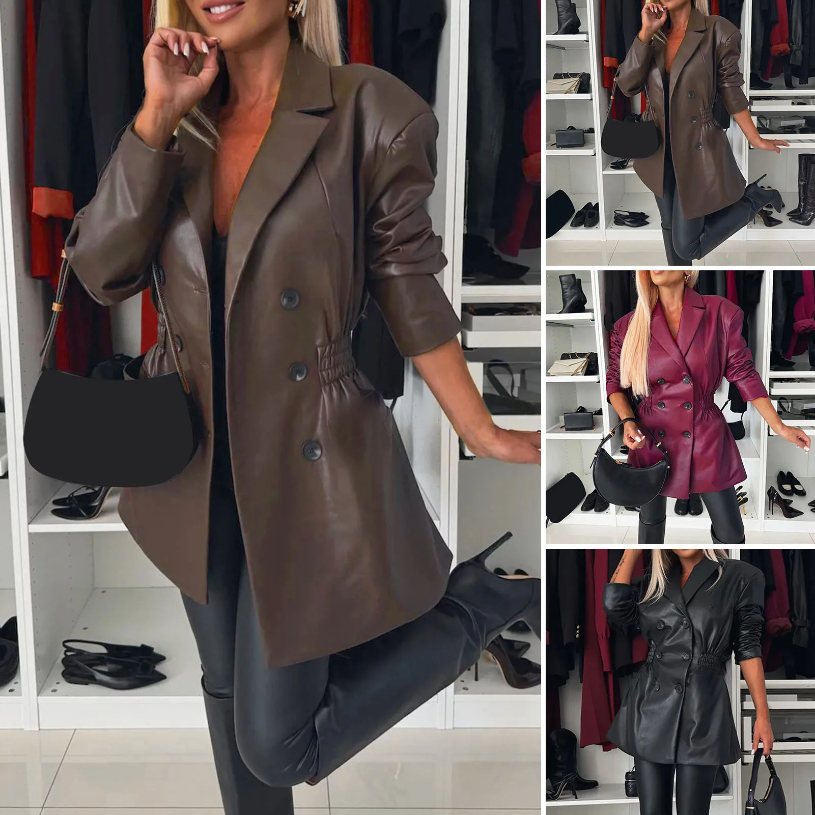 Cool แจ็คเก็ตฤดูหนาวเสื้อสเวตเตอร์ถักหนังสังเคราะห์คอตั้ง Lady เสื้อคลุมฤดูใบไม้ร่วง Slim Fit เสื้อฝนสำหรับช้อปปิ้ง