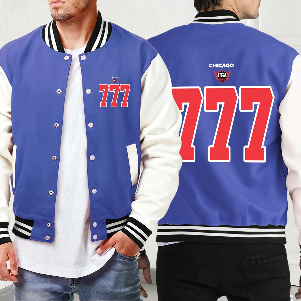 

Чикаго, США, номер 777, новые удобные куртки с принтом, мужские спортивные бейсбольные майки в стиле ретро, уличная одежда большого размера, осенняя мужская одежда на пуговицах