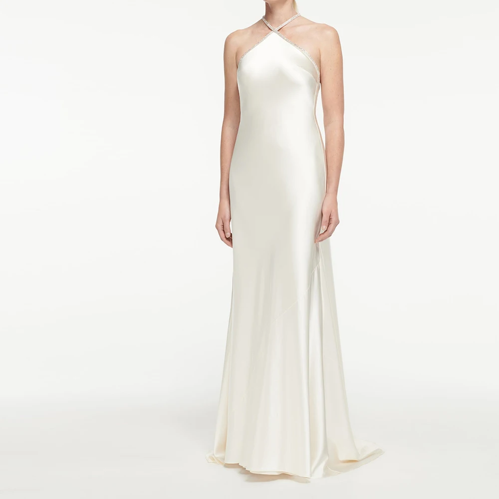 

Customized Classic Straight Floor Length Halter Jersey Sleeveless Pleats Evening Dress Elegant Photo Color vestidos para mujer