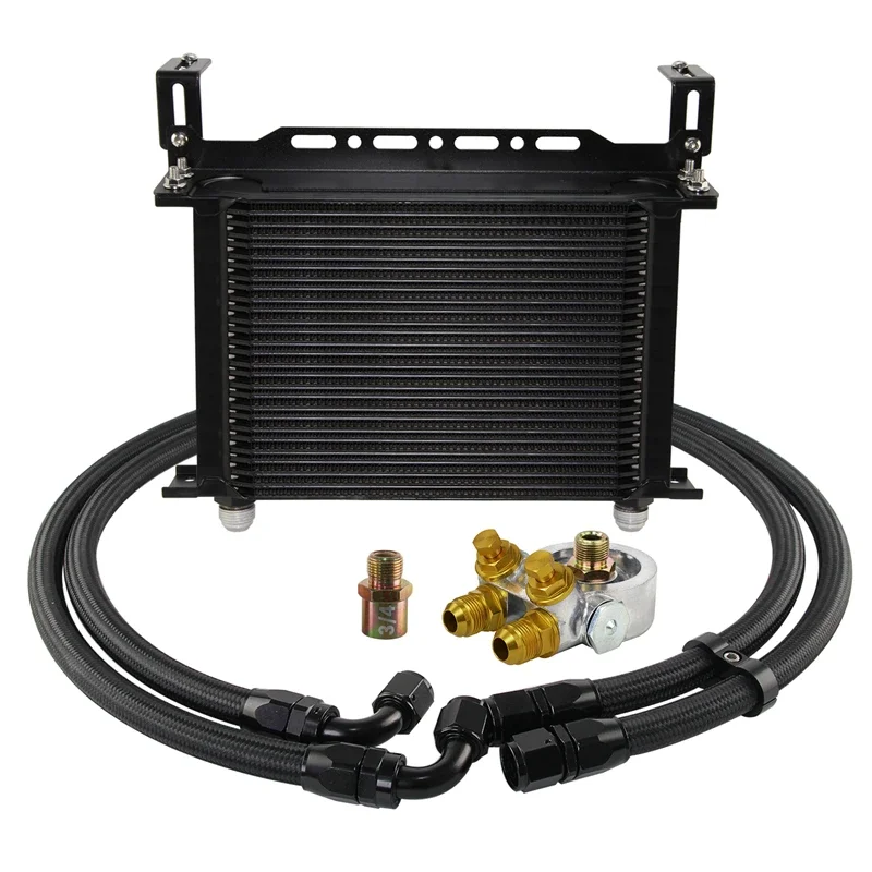 Universal Peformance 28 Row Engine Oil Cooler with 10AN Fuel Hose Bracket & Thermostat Oil Filter Adatper Silver/Black