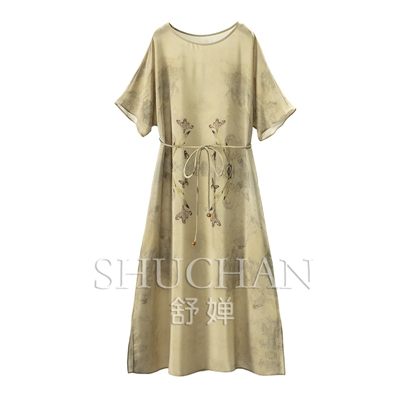 

Butterfly Love Flower, Ark Positioning Printed Silk Double Crepe with Cut Sleeves Waist Dress Women 91A1