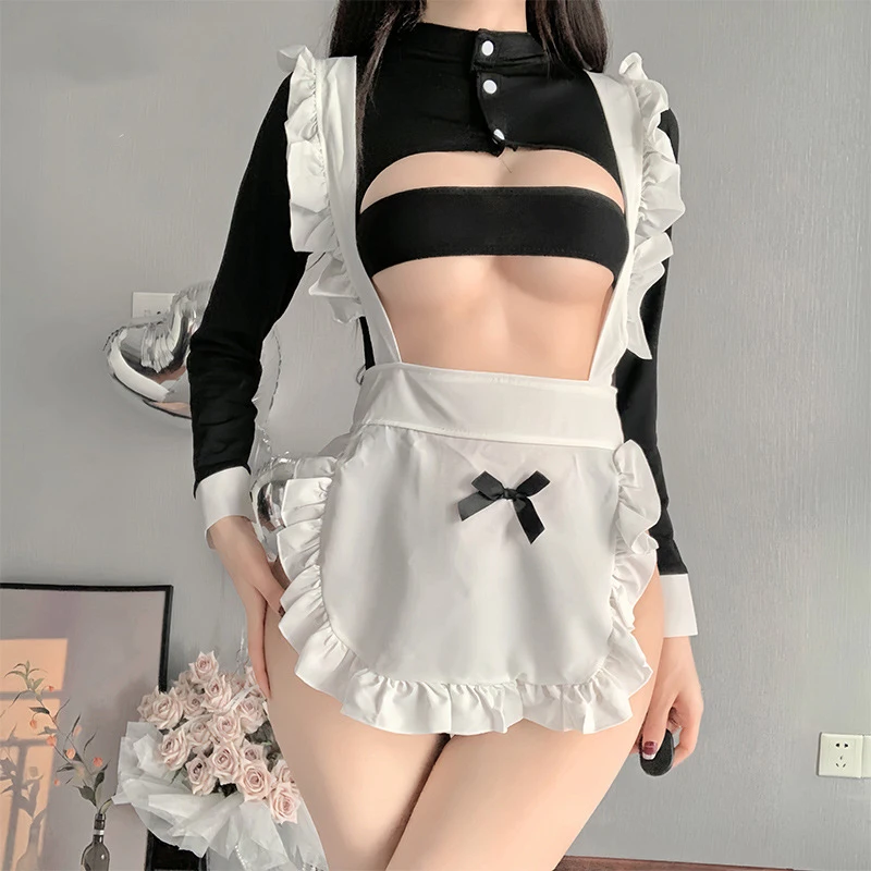 Sexy Apron Chest Cage Shaped Lacing Bustier Bra Lingerie Uniform Sex Hollow Out Role Play Maid Sheath Costume Adult Game Pajamas