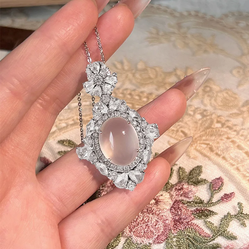 

New S925 Silver Necklace with Natural Water Foam Jade High Ice 8 * 10 Egg Faced Jade Marrow Pendant for Women's Wedding Jewelry