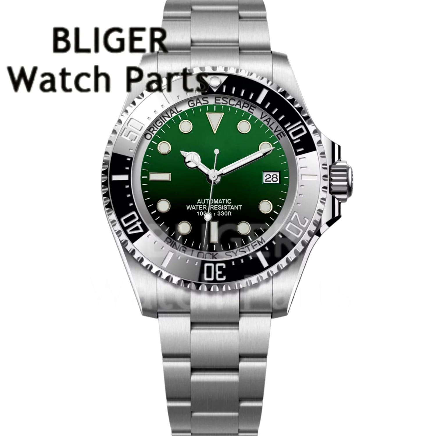 BLIGER 40mm Automatikuhr mit grünem Farbverlauf-Zifferblatt, NH35 PT5000 Mechanisches Herrenuhrwerk, Saphirglas, Edelstahl, Gleitschließe