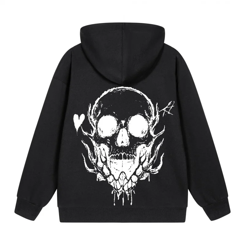 Moletom com capuz masculino com zíper e design de caveira em moletom preto 2025 novo estilo casual para casais casual e solto