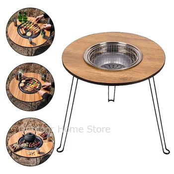 휴대용 접이식 캠핑 테이블, 라운드 야외 바베큐 그릴, 경량 화로 스탠드 숯 테이블, 바베큐 스토브 커피 고기 테이블