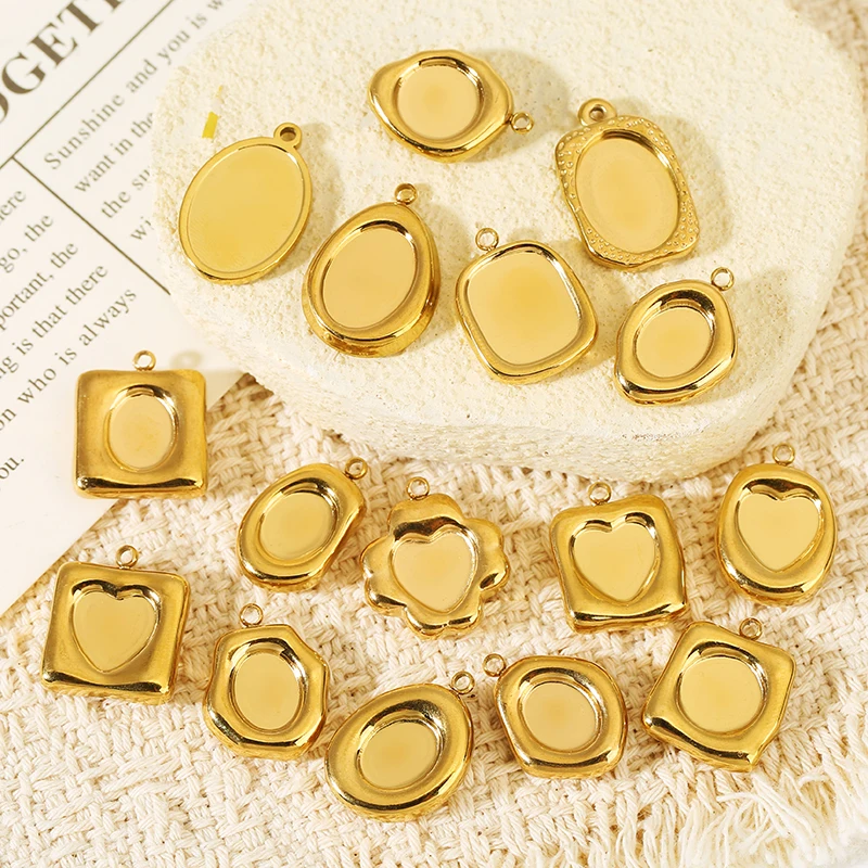 5pcs Stainless Steel Heart Oval Blank Bezel Pendant Flower Border Trays Cabochon Base DIY Necklace Pendant Base Jewelry Making
