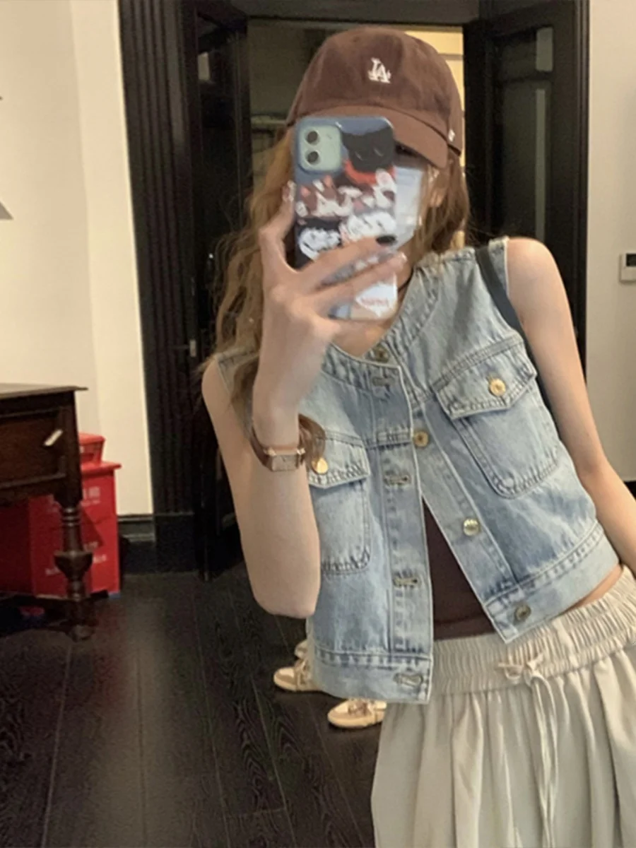 

Ретро-жилет из денима в стиле Hong Kong Sle Distred для женщин, летняя верхняя одежда, свободный повседневный универсальный топ или жилет