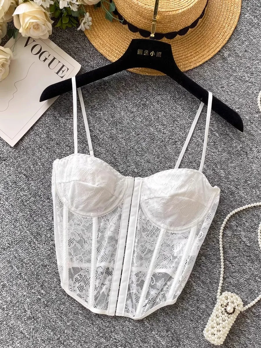 

Foamlina, летний модный вязаный крючком кружевной корсет с лямкой на шее, женский сексуальный прозрачный кружевной лоскутный топ с пряжкой спереди, майки с рыбьей косточкой