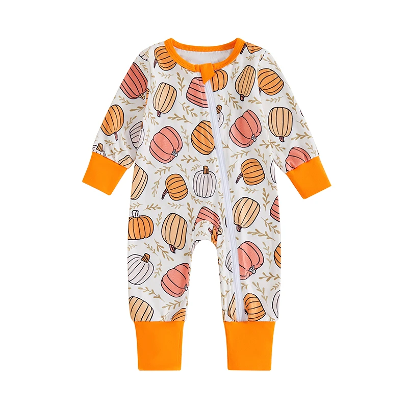 

Baby Girls Boys Rompers Halloween Clothes Pumpkin Print Crew Neck Long Sleeve Toddler Fall Bodysuits