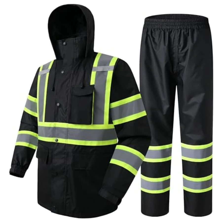 

Hi-Vis Reflective Safety Rain Jacket and Pants for Men Women Waterproof Rain Gears for Farming Fishing Work HV Rain Suit with I