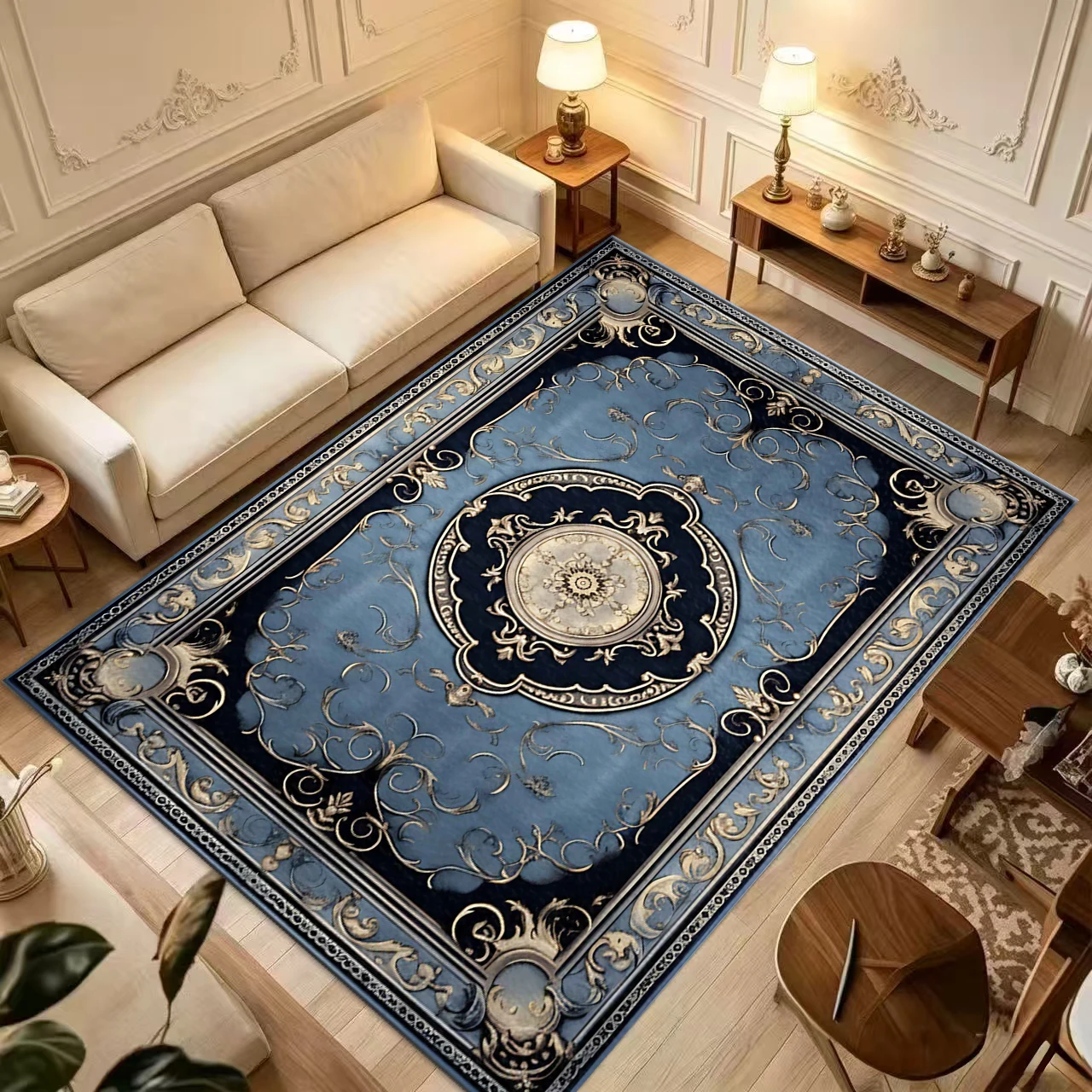 Blue Gold European Palace Style Square Area Rug Non-Slip Vintage Floor Carpet for Living Room Bedroom Home Decor