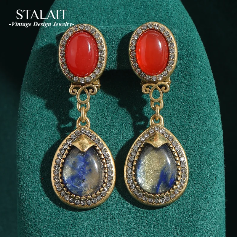 

Vintage Opal Natural Stone Drop Dangle Earrings Long Red Glaze Oval Woman Designer Antique Gold Color Luxury Accessories 2025