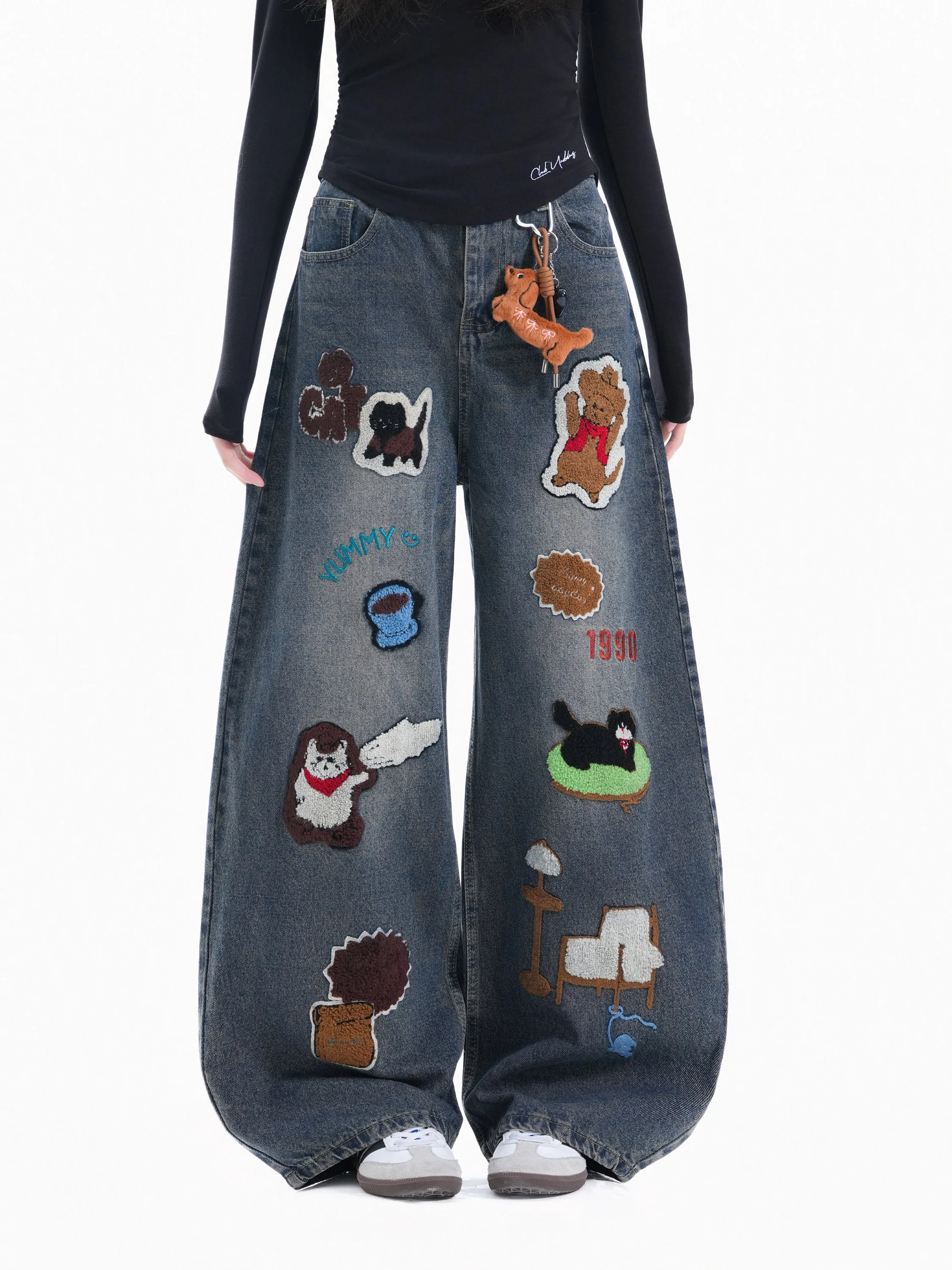 

Retro American Cartoon Embroidered Denim Jeans High Waist Waed Wide Leg Straight Cut Loose Casual ex Long Trousers