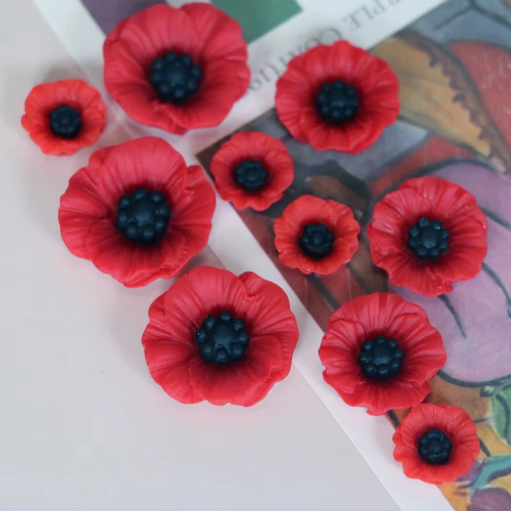 Coquelicot en résine rouge l'inventaire, cabochons à dos plat pour projet d'artisanat de bricolage, fournitures de décoration, 5/10 pièces