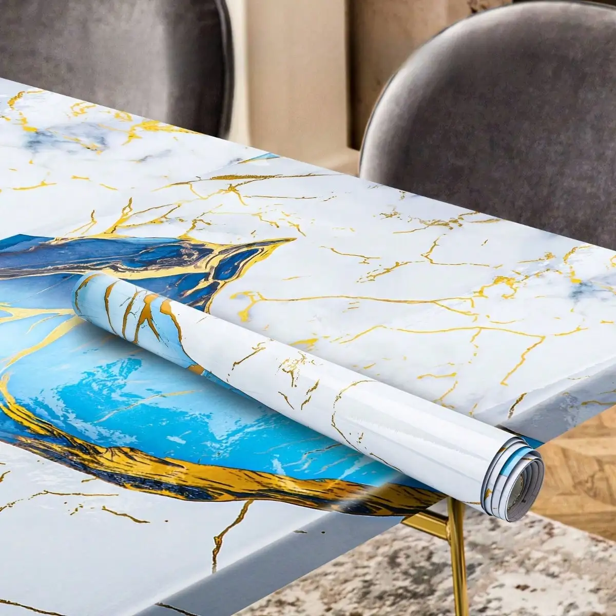 1 Roll Of Blue And White Marble Glossy Contact Wallpaper Background Wall Decoration, Vinyl Self-Adhesive Detachable Wallpaper