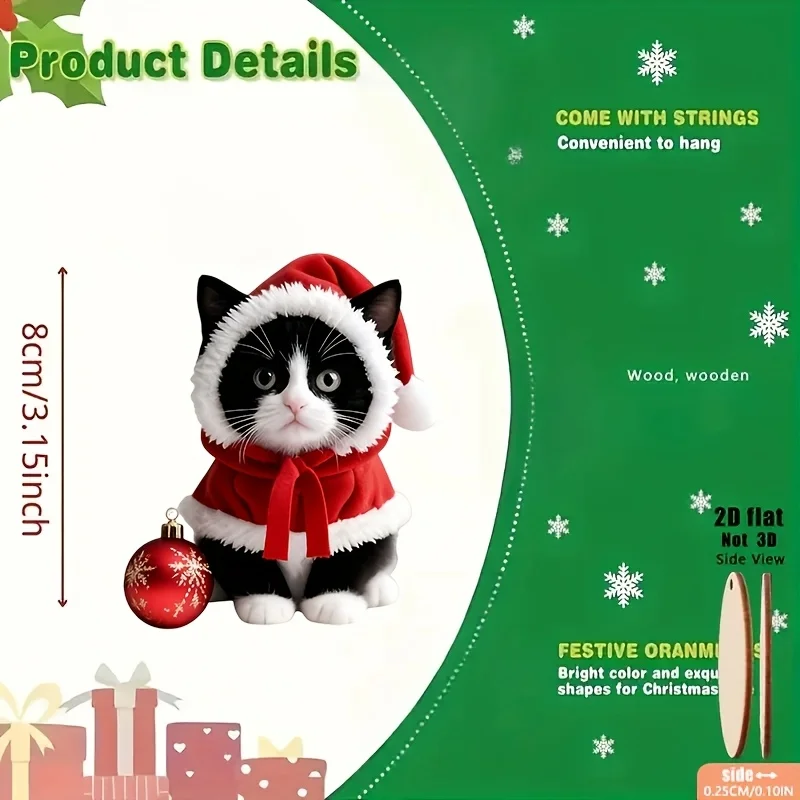 8/16 zufällig ausgewählte Kätzchen-förmige Ornamente mit Weihnachtsmützen, flache 2D-Feiertagsanhänger, Holz-Hängedekorationen, geeignet für Bäume, Heimdekoration, Partys und Weihnachtsgeschenke – Detail 2