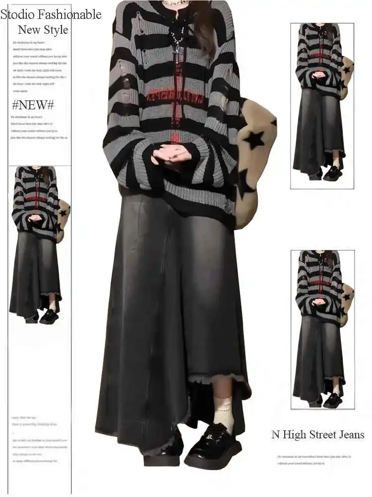 

2025 Осень Зима Женщины Преппи Стиль Y2k 2000-х Макси Асимметричная Джинсовая Юбка Готический Шоужо Корейский Новый Дизайн Темная Академия