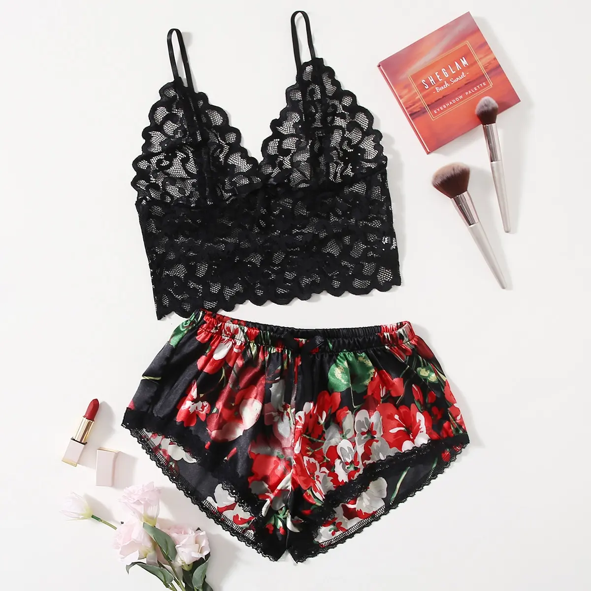 Floral Lace Pajama Set for Wom - Lace Bralette Set ulasan dan harga