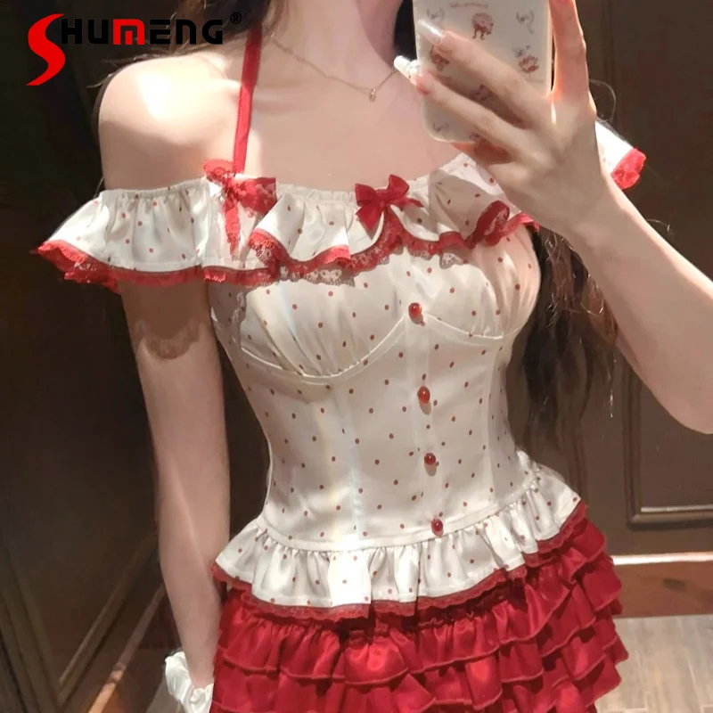 

2024 Summer New French Style Hot Girl Sweet Cute Red Wave Point Satin Top Sleeveless Shirt Women's Clothing Slim Fit Pink Blouse