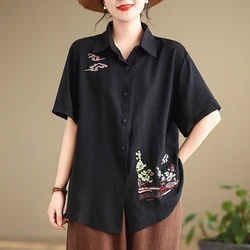 2024 Women's New Summer Fashion Loose Casual Versatile Turn-down Collar Heavy Industry Embroidered Short Sleeved Shirt Tops