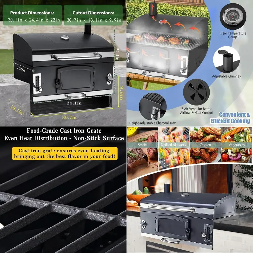 

Премиальный угольный гриль для барбекю с подсветкой поддонов, термоизолированным колпаком и термометром для уличных кухонь и кемпинга