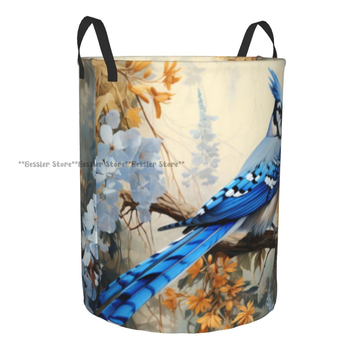 Blue Jay Bird On Flower Stalk Watercolor Waterproof Storage Bag Household Dirty Laundry Basket Folding Clothes Organizer