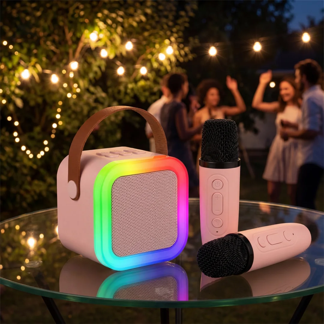 Máquina de Karaoke con Micrófono Inalámbrico Dual, Altavoz Bluetooth Portátil, Luces RGB, Cambio de Voz, Compatible con USB/TF/AUX para Adultos y Niños