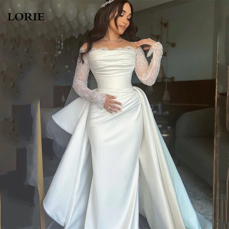 LORIE vestido de novia de sirena de marfil, hombros descubiertos, encaje, manga larga, vestidos de novia de princesa