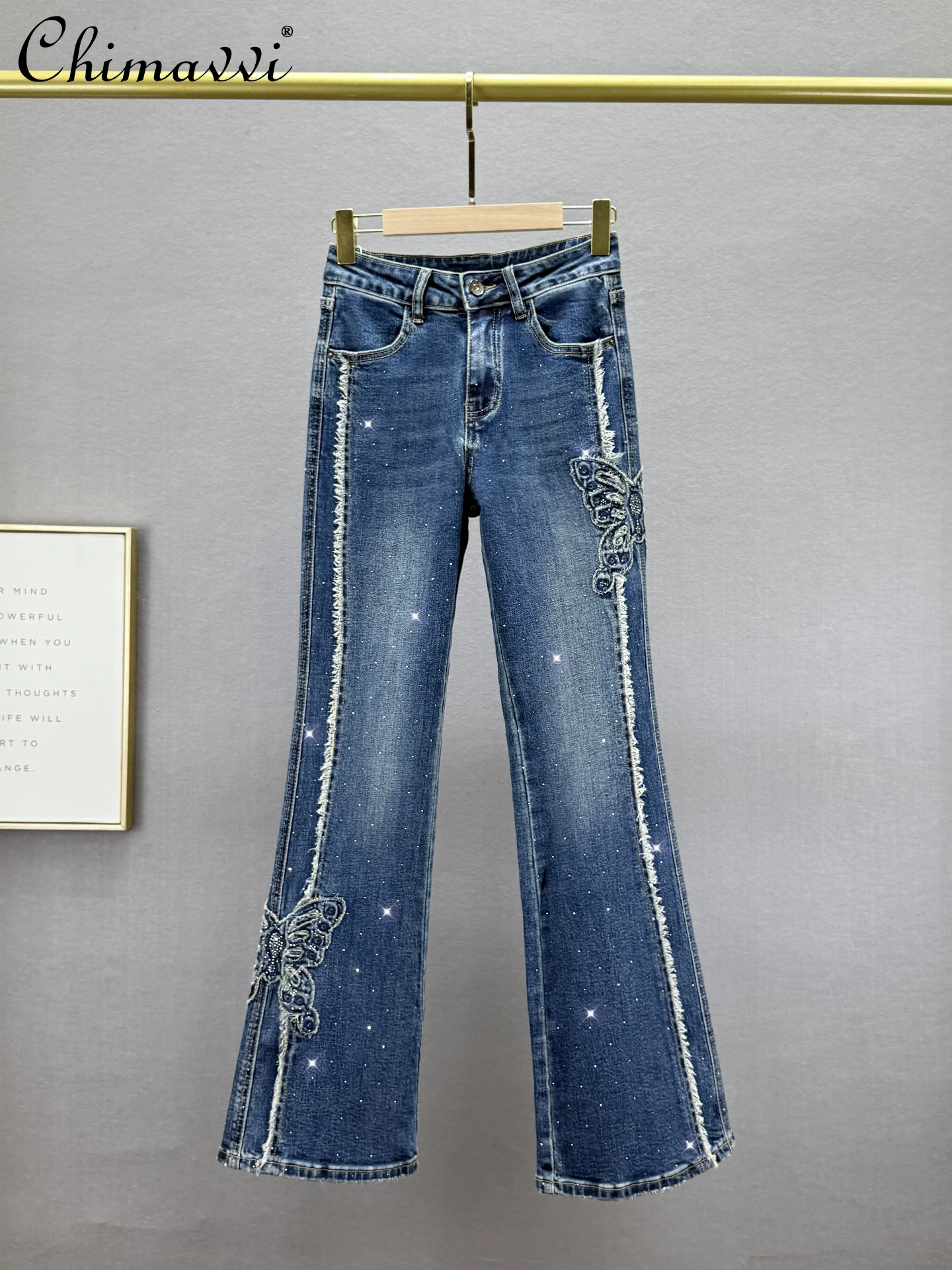 

Fashion Flared Jeans for Women 2025 Autumn New Elastic High Waist Slim Fit European Style Rhinestone Frayed Hem Extended Pants