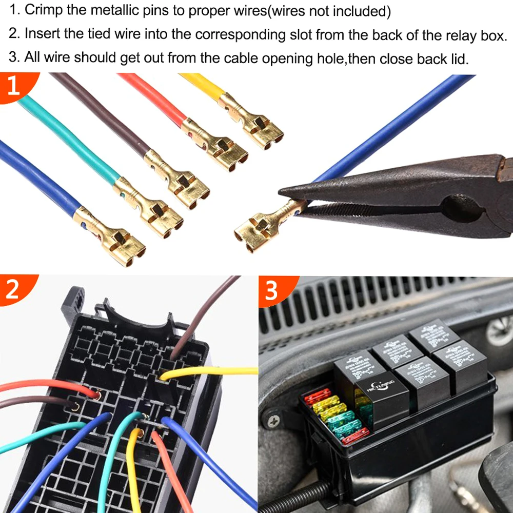 12-Slot Relay Box 6 Relays 6 ATC/ATO Standard Fuses Holder Block with 41pcs Metallic Pins Universal for Automotive Marine Use