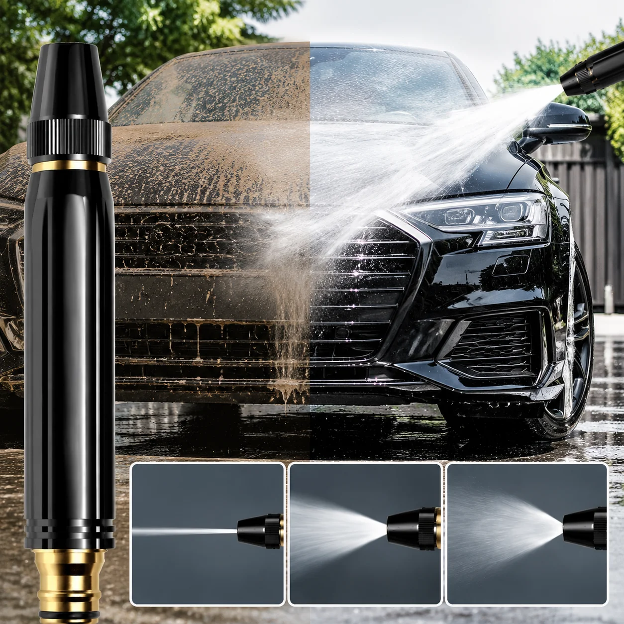 Garden Hose Sprayer High Pressure Nozzle Adjustable Water Gun Car Wash Wand Metal Spray Nozzle Durable Hose Head Home Cleaning