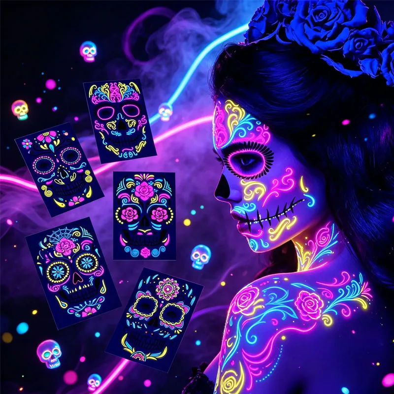 1-10Sets Glow in Dark Scary Scar Tattoo Stickers Skull Fluorescent Face Body Art for Halloween Spooky Night Costume Party