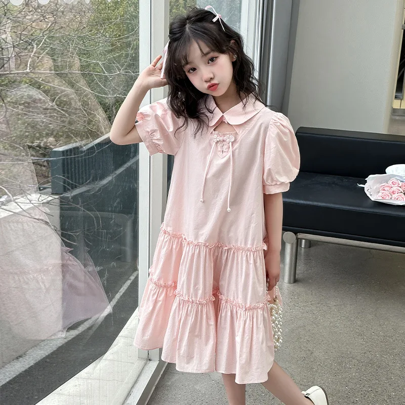 Girls Summer Dress 2024 New High Class Children Summer Dress Puffed Sleeve Shirt Collar Skirt Korean Sweet Style Skirt Clothes