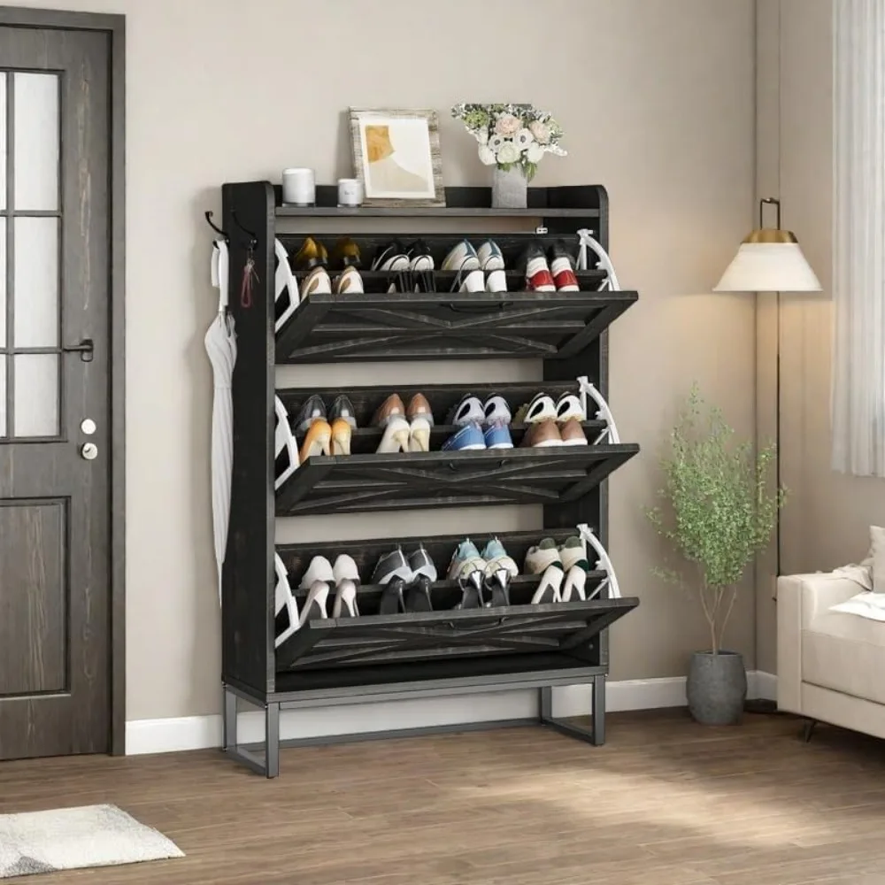 

Shoe Cabinet with 3 Flip Drawers, Farmhouse Shoe Storage Organizer with Metal Legs for 24 Pairs of Shoes, Narrow Slim Shoe Rack