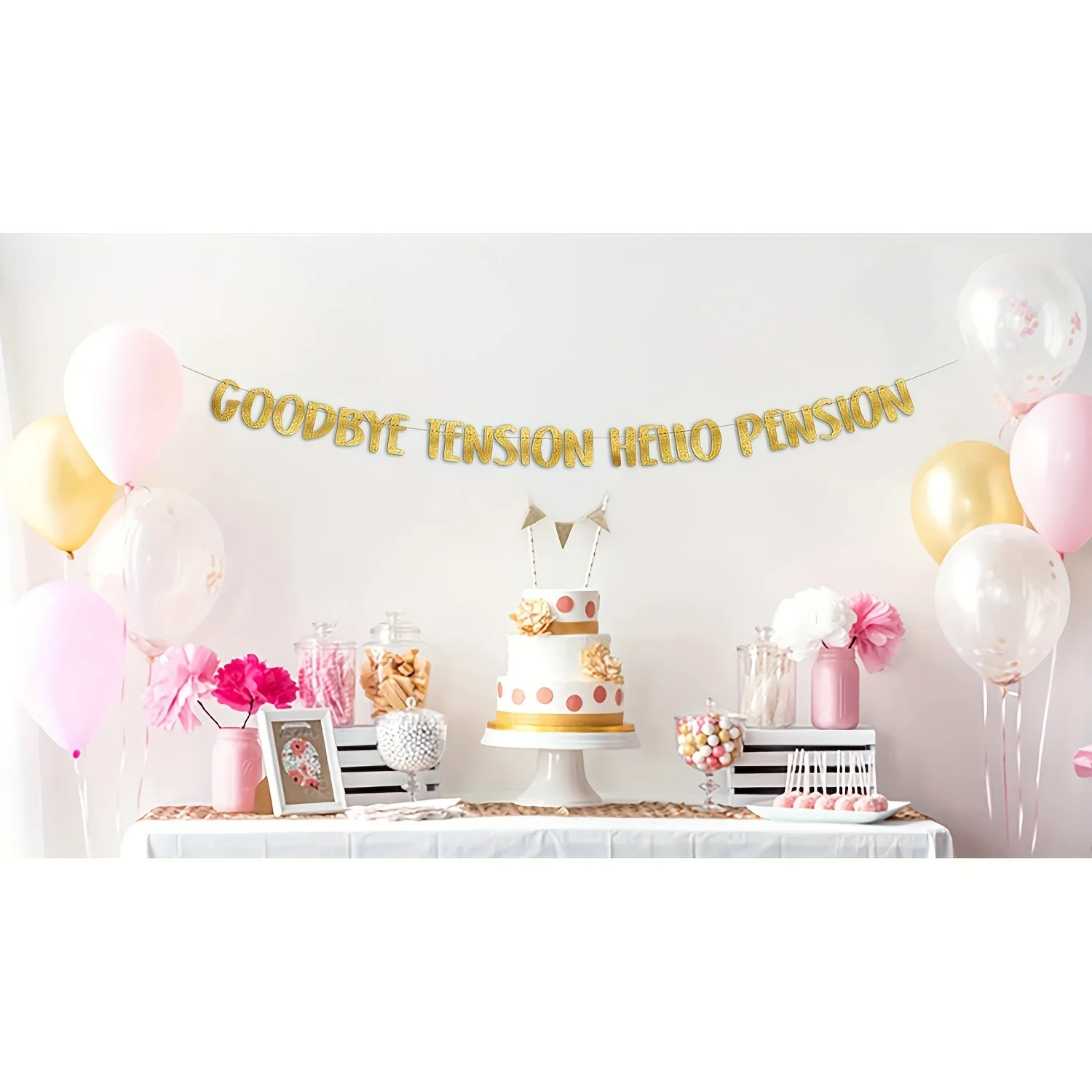 Goodbye Tension Hello Pension Gold Glitter Banner-Retirement Party Supplies,  retirement party decorations，Gifts and Decorations